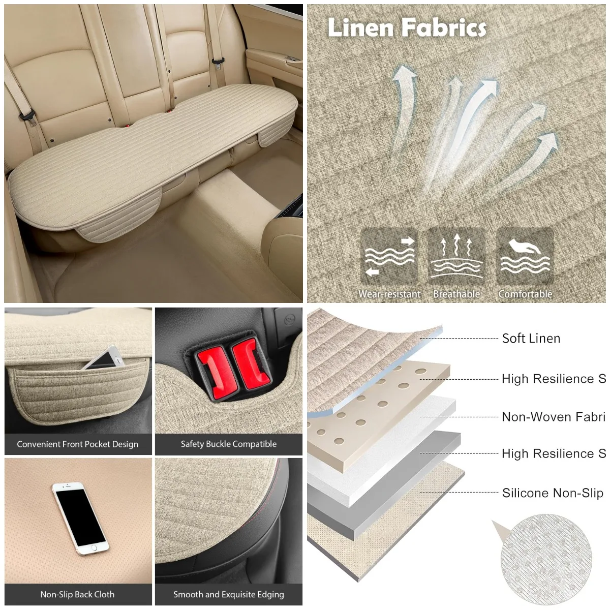 

Universal Car Seat Cover with Pocket, Warm Winter Cool Summer, Rear Seat Protector for Most Cars, SUVs, Trucks, Vans - Beige (1P