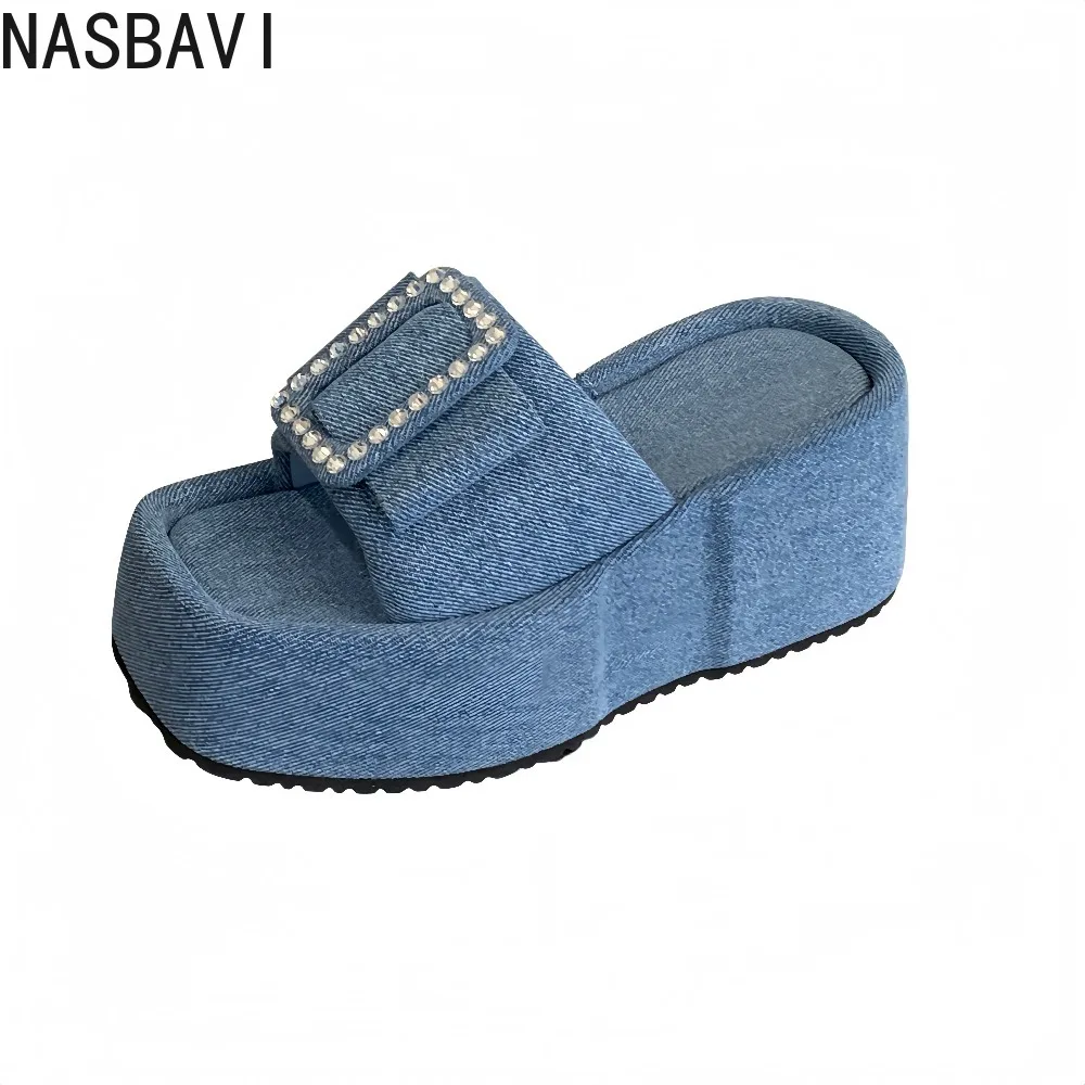 Women Punk Lazy Platform Sandals Buckle Design Garden Shoes Roman Street Slippers Flip Flops Denim Blue Outdoor Beach Shoes