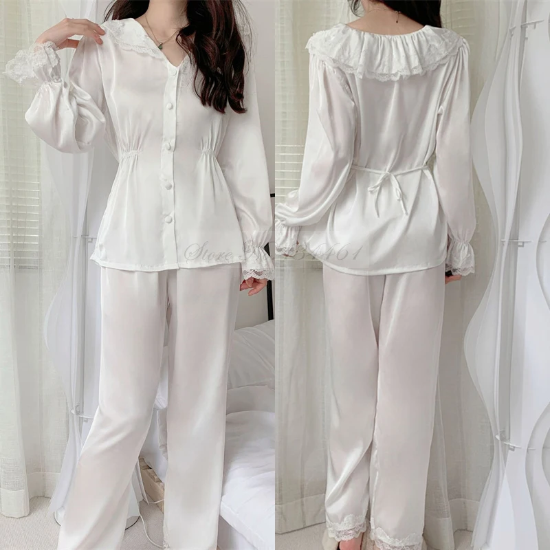 Spring Summer Pajamas Two-Piece Set New Women Thin Silk Satin Sleepwear Trouser Suit Casual Sweet Trouser Suits Pijamas Homewear