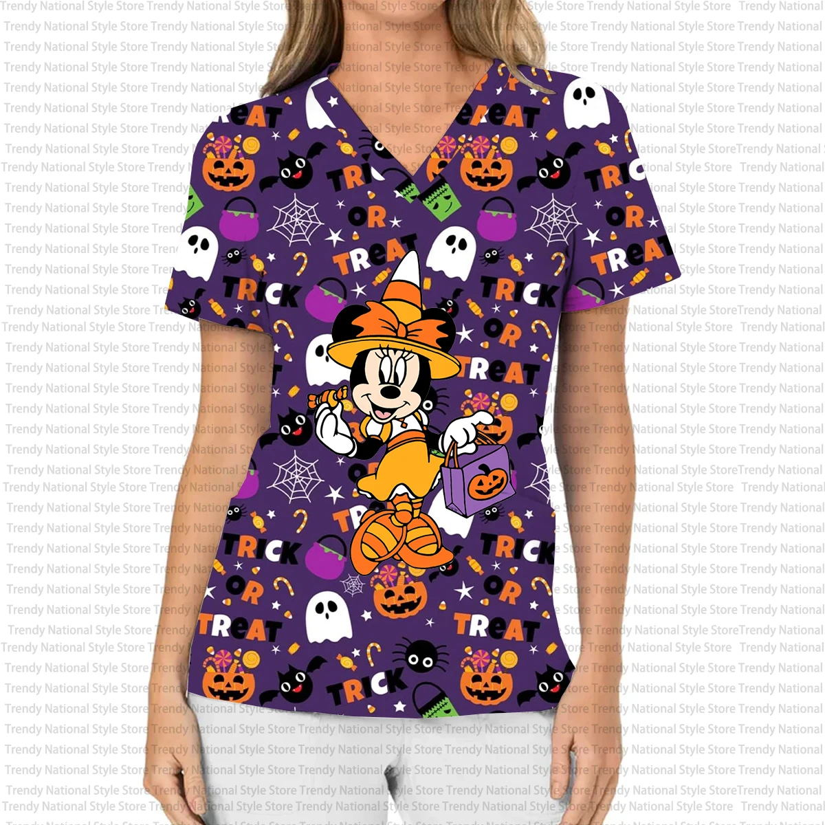 

New Halloween Mickey Mouse Women's Work Uniform Print V-Neck Pocket Frosted Top Women's Beauty Pet Shop Dental Hospital T-shirt