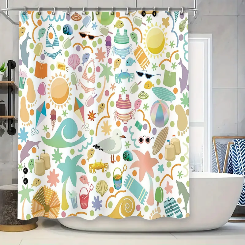 

Пляжная занавеска для душа, тропическая тема океана, декор для ванной комнаты, гавайские ракушки, водонепроницаемый фон, прибрежные вибрации, домашний декор