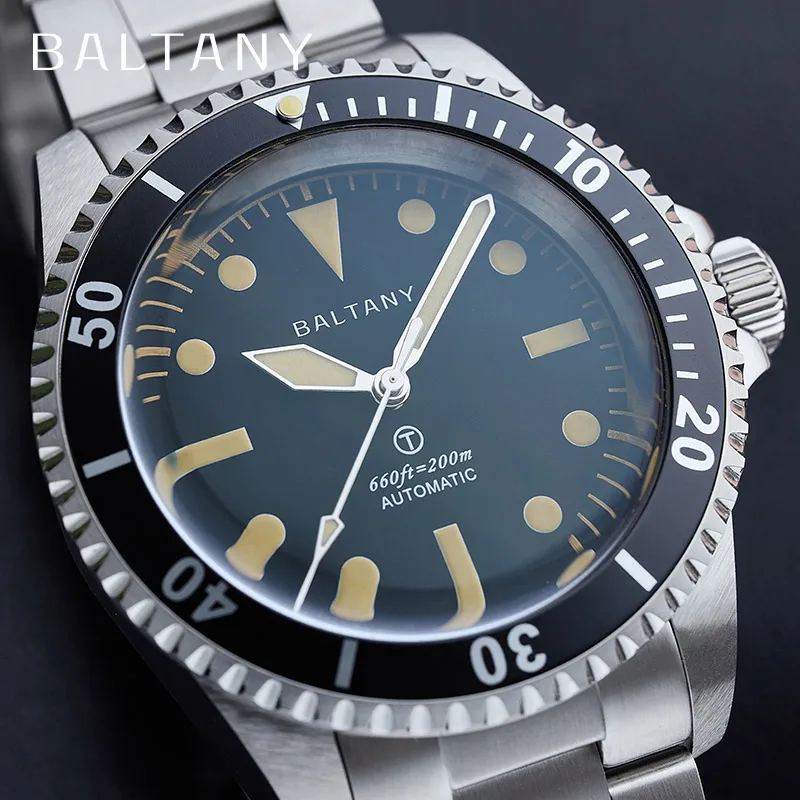 Baltany Vintage MilSubmariner Watch Rotation Bezel Brushed Bracelect Luminou Leather Sapphire 20ATM Stainless Steel Dive Watches