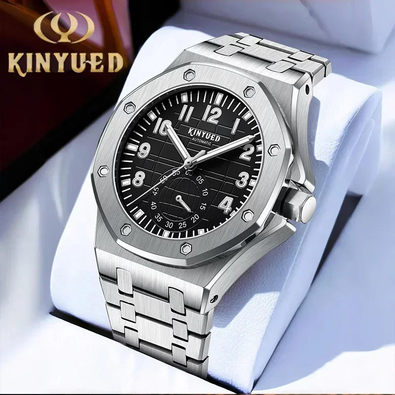 

KINYUED Top Brand Automatic Movement Watch for Men Luxury Mens Stainless Steel Watch Simple Polygonal Dial Mechanical Wristwatch