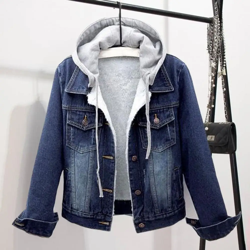 Winter Jacket Detachable Hat Flap Pockets Thermal Plus Size Denim Winter Jacket   Lady Coat  for School