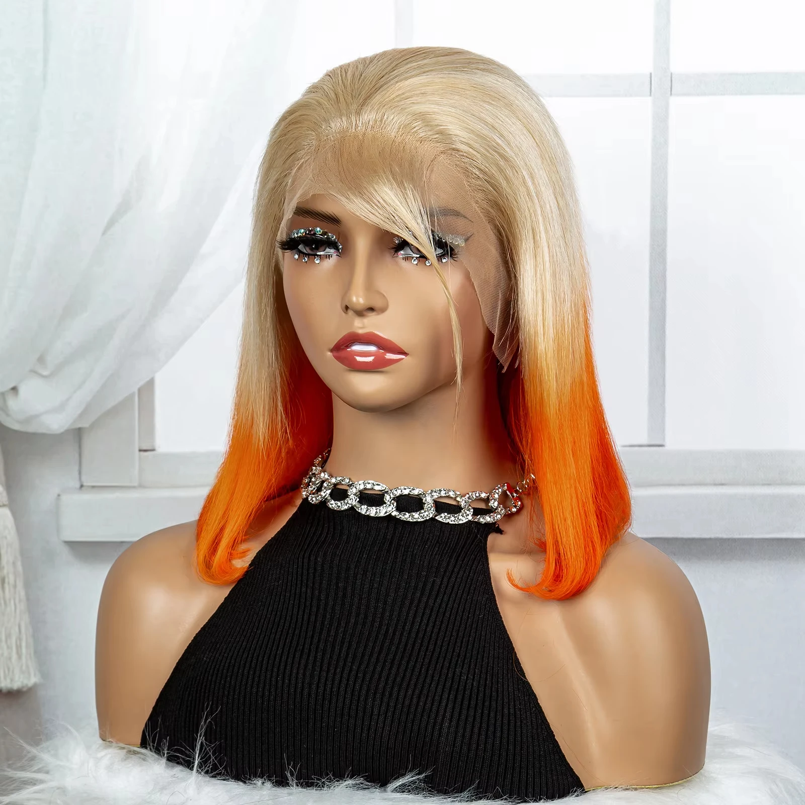 220% Density 613 Blonde Orange Ombra Straight Bob 100% Human Hair Wig 13x4 Transparent Lace Frontal Hair Wig