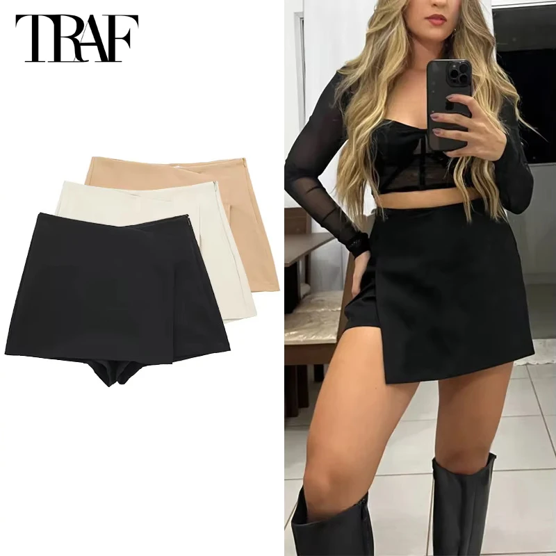 TRAF 2024 Asymmetric Skort for Women Black High Waist Mini Skirt Women Summer Bermuda Shorts Woman Fitness Skirt Shorts Women