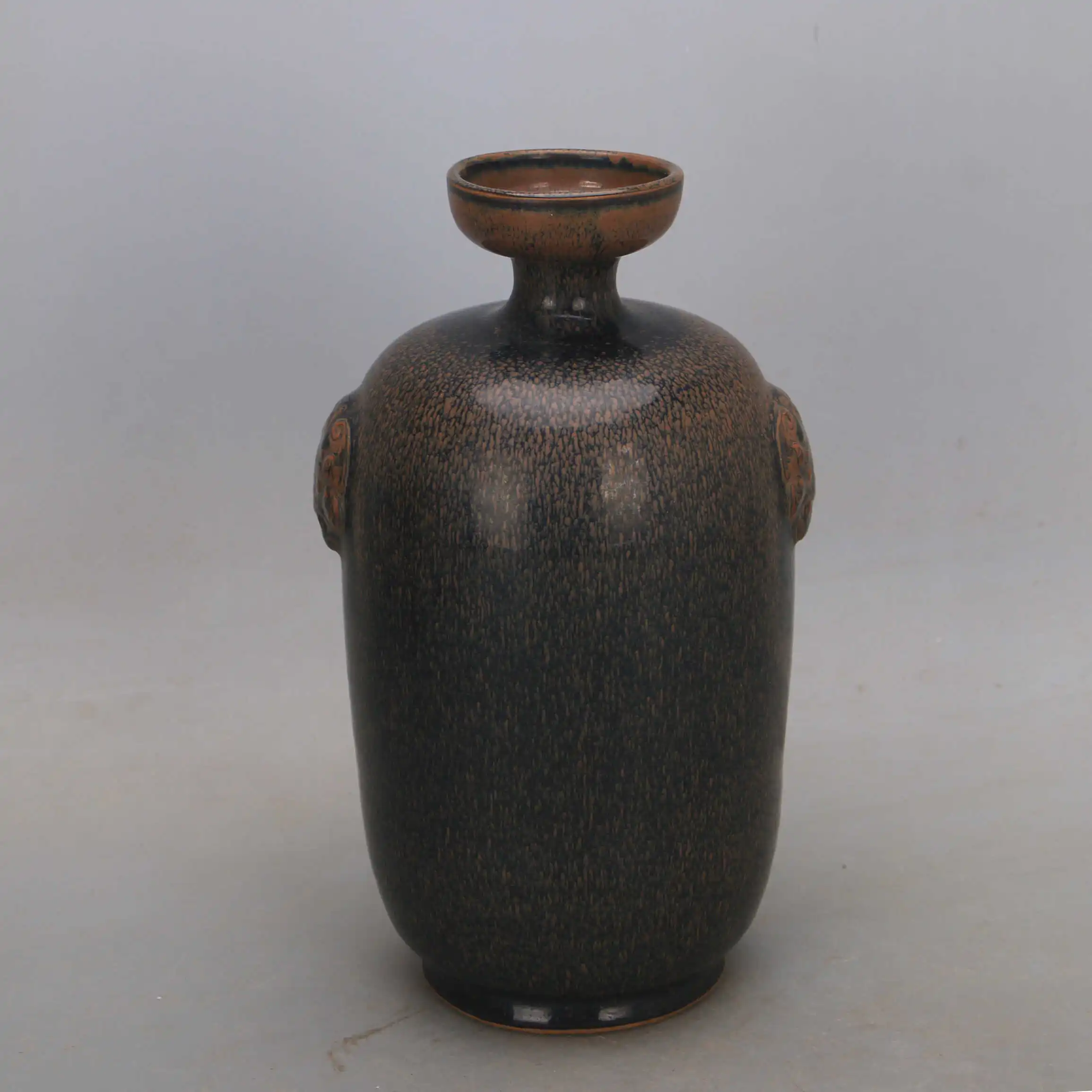 Song Dynasty Style Jian Kiln Temmoku Hare Fur Double Ear Zun Vase Handmade Ceramic Home Decor Collectible Gift