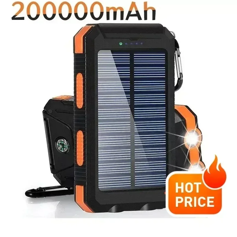 

200000mAh Solar Power Bank Outdoor Camping Portable Fast Charger Power Bank Waterproof External Battery Charging with LED Light