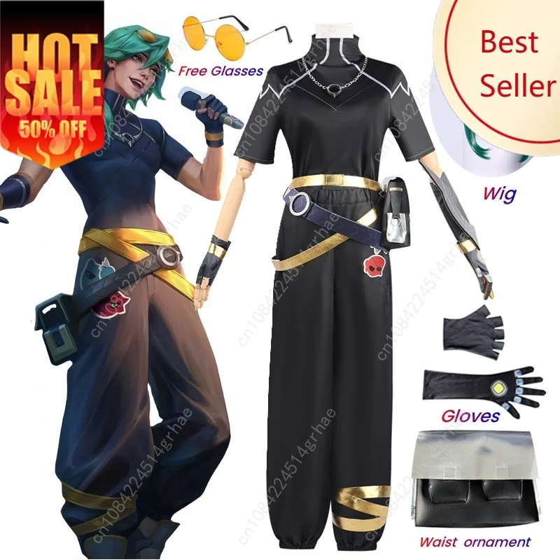 

Game Cosplay Costume Ezreal Black Unisex Suit Halloween Full Set with Glasses