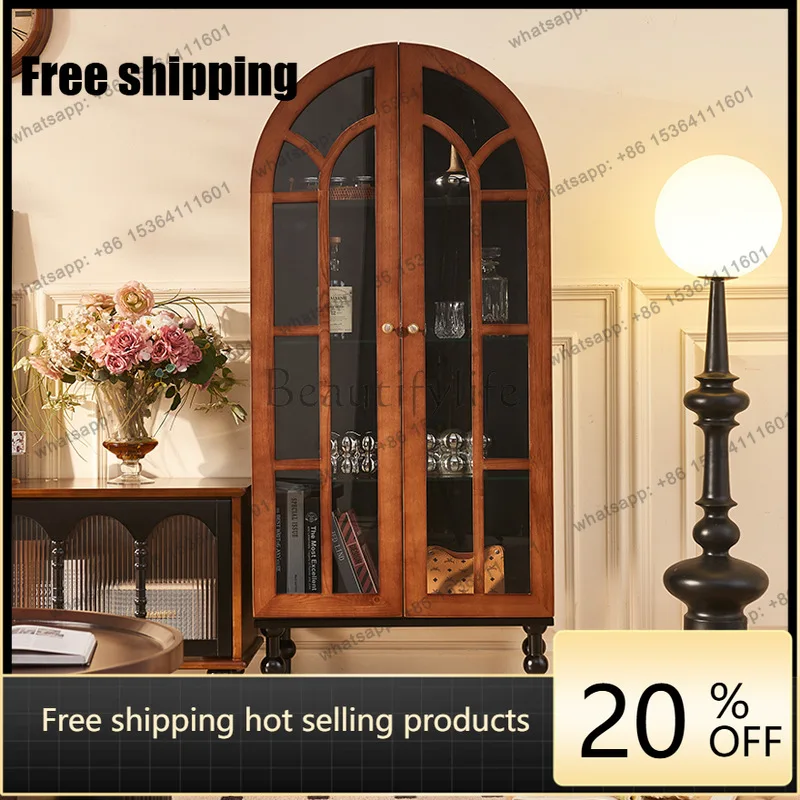 Factory direct sales French retro solid wood wine cabinet living room arched integrated display cabinet