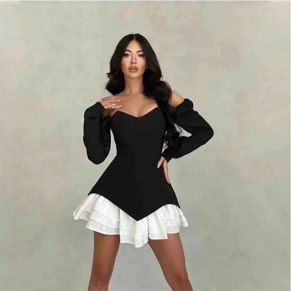 

Elegant Black and White Contrast Women Prom Dresses Above Knee Length Full Sleeves Off Shoulder High Quality Female Mini Gowns
