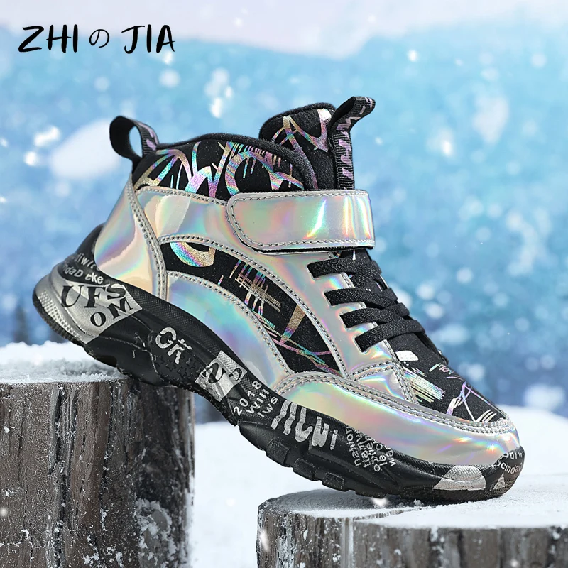 

New Children's Sports Shoes Autumn Winter Outdoor Plush Warm Shoes High Top Leather Sneaker Boys Trendy Footwear