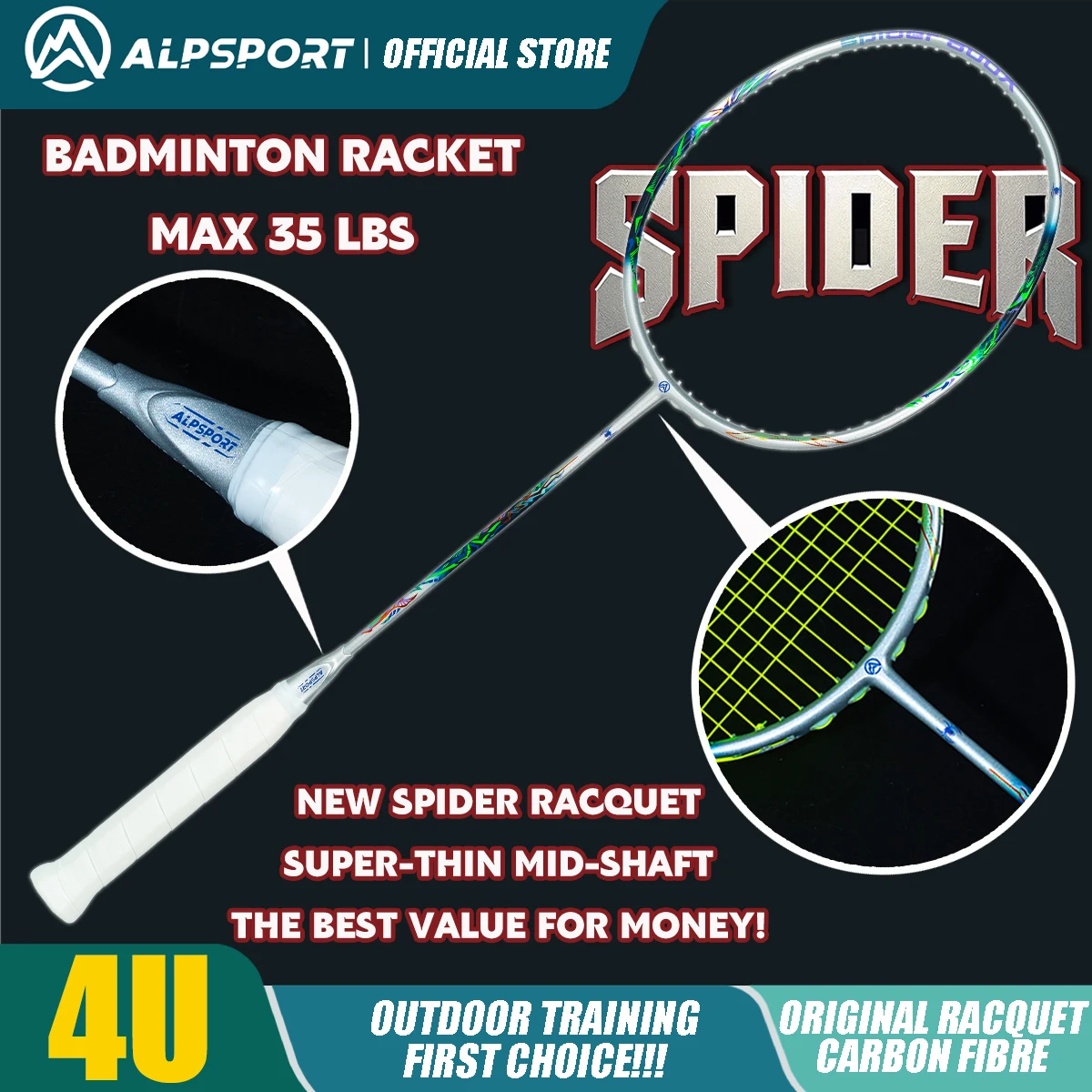 ALPSPORT SPIDER 4U Wytrzymałe i trwałe Oryginalny Rakieta do badmintona Lekka rakieta Dobrze wyważona Maksymalna waga 38 funtów. (Zawiera pokrowiec na rakietę i sznurek). Włókno węglowe + tytan
