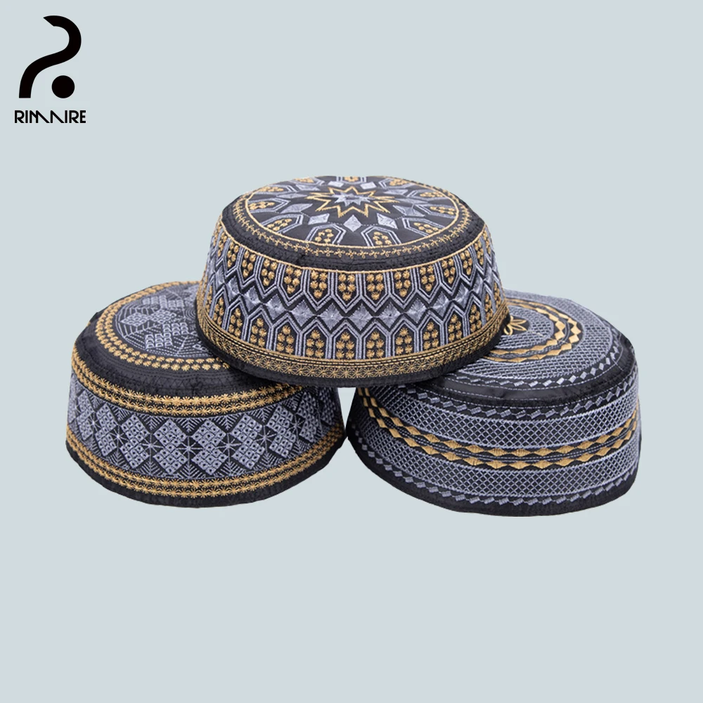 RIMAIRE Black and Yellow Muslim Preyer Hat Designer Embroidery Islamic Men Hat Newest Hair Cover Yarmulke Causal Party Wholesale