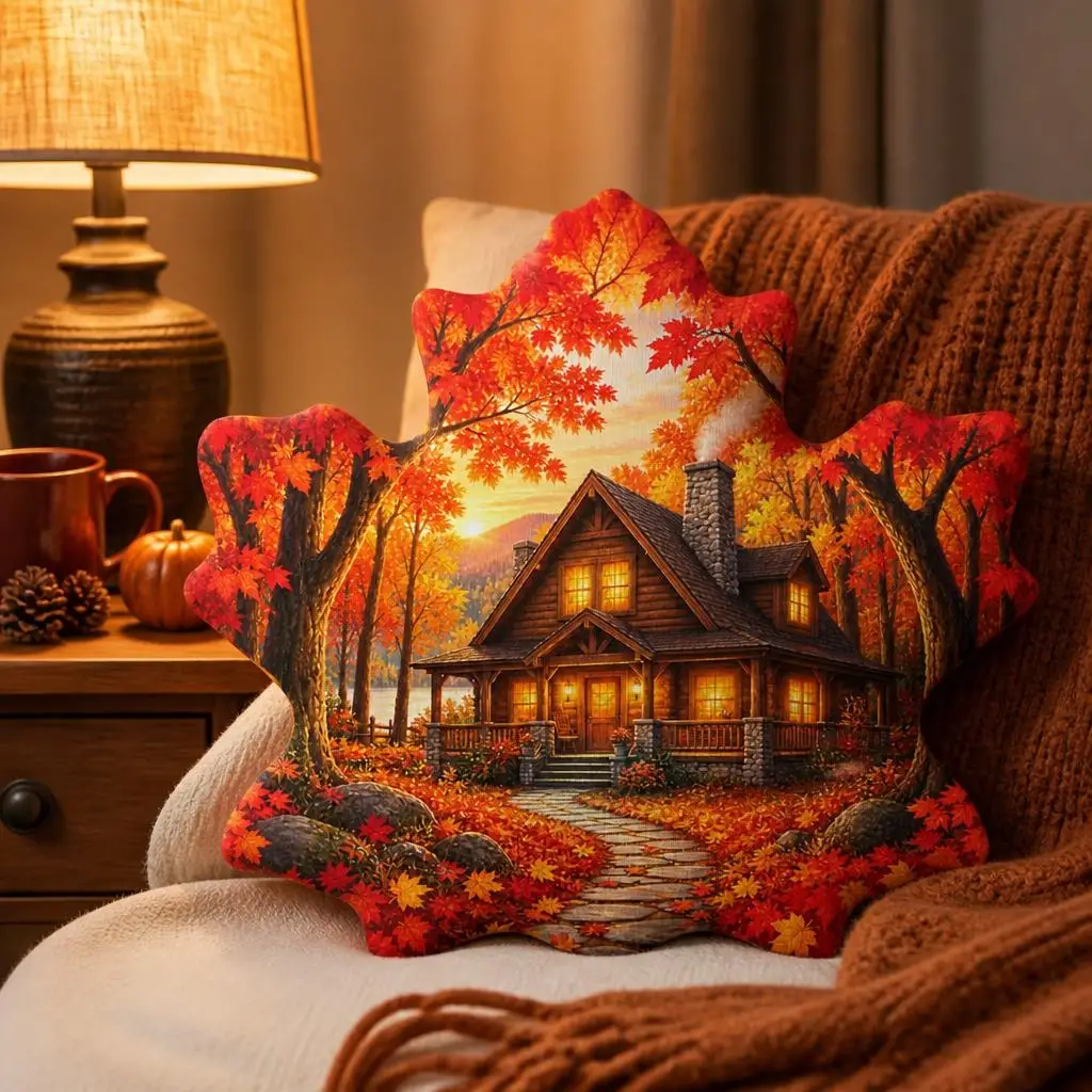 Autumn Maple Leaf Cabin Landscape Plush Throw Pillow Fall Foliage Forest Cushion Irregular Stuffed Sofa Home Decor Gift