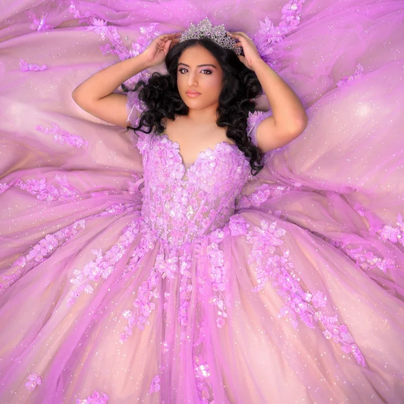 

Shiny Pink Quinceanera Dresses Off the Shoulder Sequin Decal 3D Flower Long tail Bow Vestido De 15 Quinceanera Customize