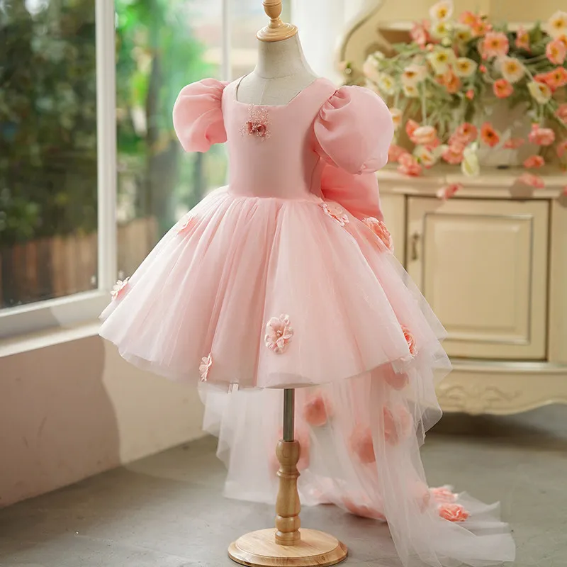 Summer Infant Girls Pink Puff Sleeve Tulle Dress 3d Flower High Low Train Children Princess Gown For Birthday Formal Events