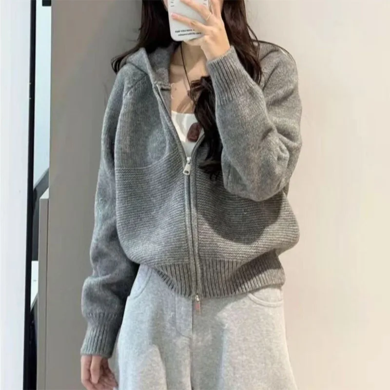 Gray Knitted Sweater Outwear Female Korean Fashion Zip-up Hooded Knitting Cardigan Woman Streetwear Versatile Short Cardigans