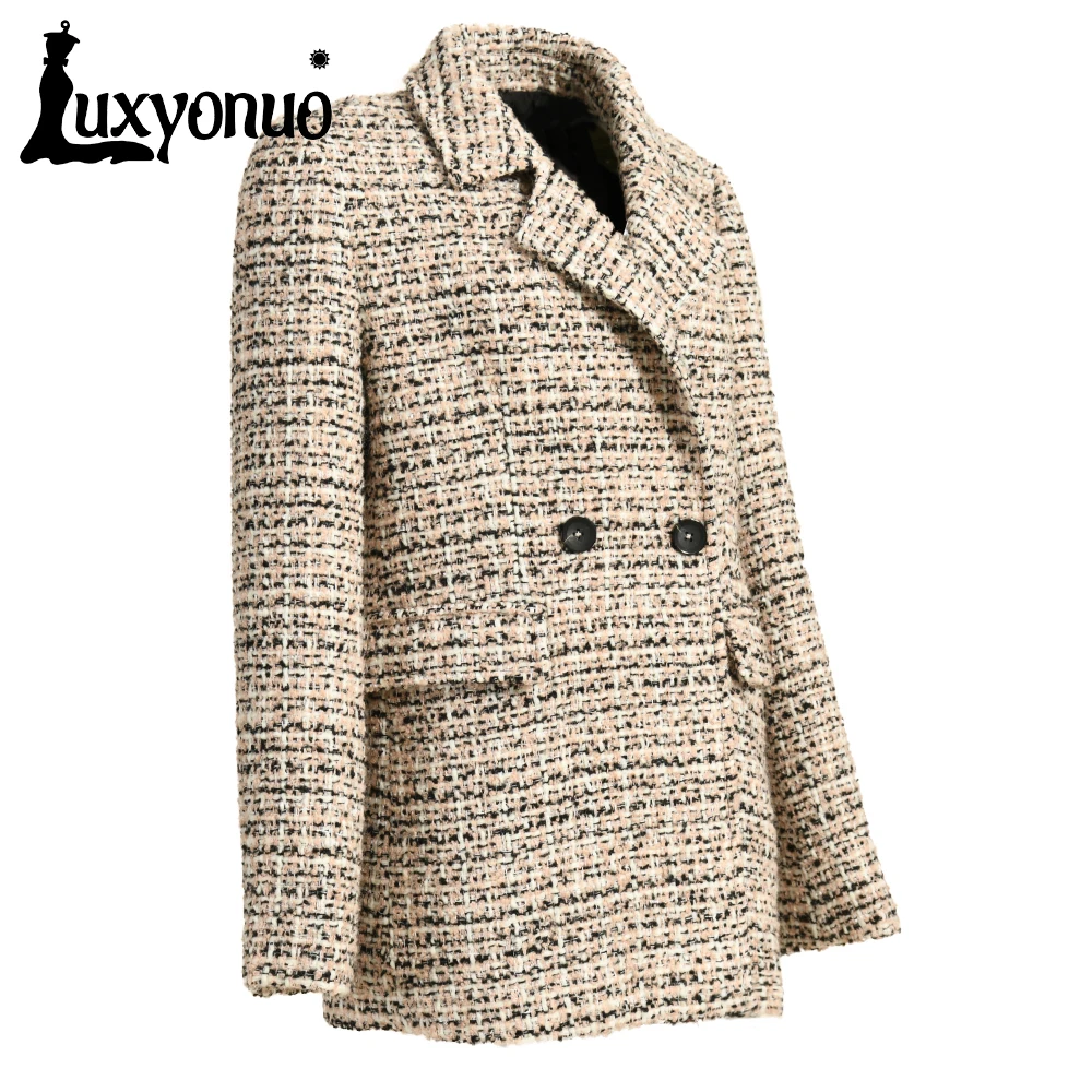 Luxyonuo Women's Winter Coat Double-Breasted High-Quality Tweed Jacket Autumn Woolen Jacket Fashion Suit 2023 Spring New Style