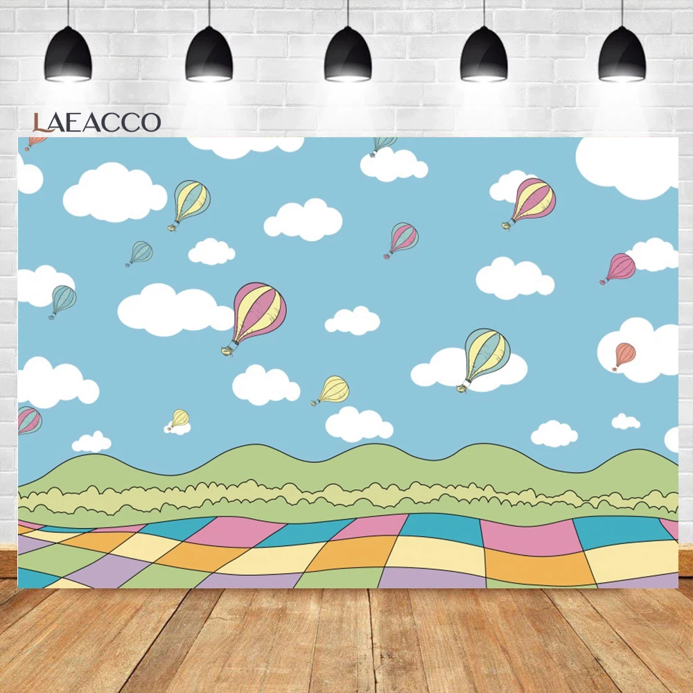 

Laeacco Adventure Themed Backdrop Blue Sky White Clouds Balloons Kids 1st Birthday Baby Shower Portrait Photography Background