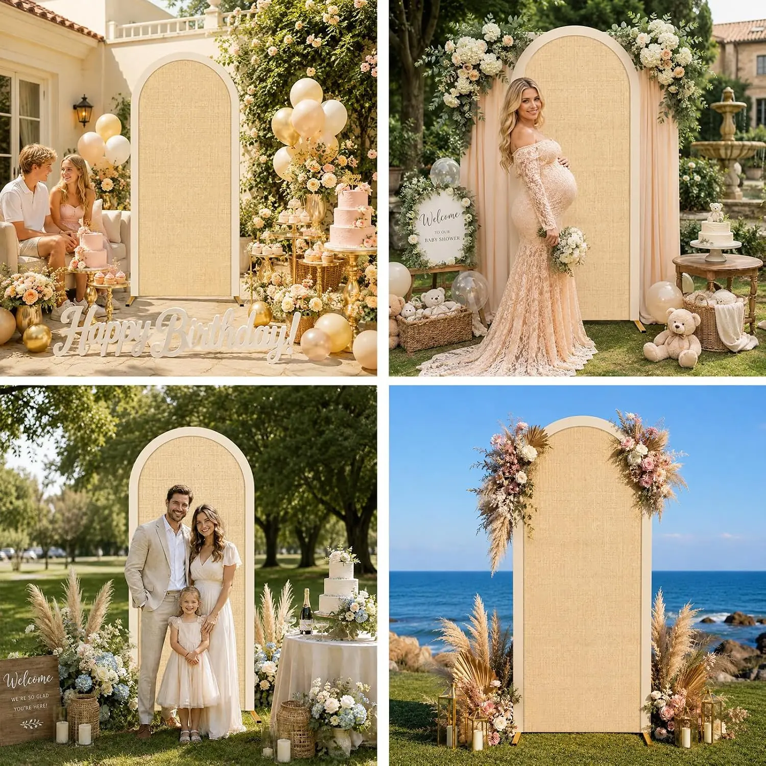 Custom 2-sided Beige Linen Texture Arch Backdrop Cover Wedding Ceremony Baby Shower Background Birthday Party Photo Booth Decor