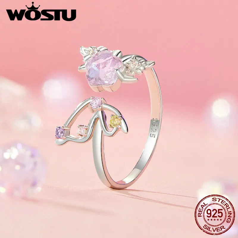 WOSTU Open Ring 925 Sterling Silver Pink Butterfly Ring with Pink Glass for Women Girl Party Birthday Gift Fine Jewelry FIR1011