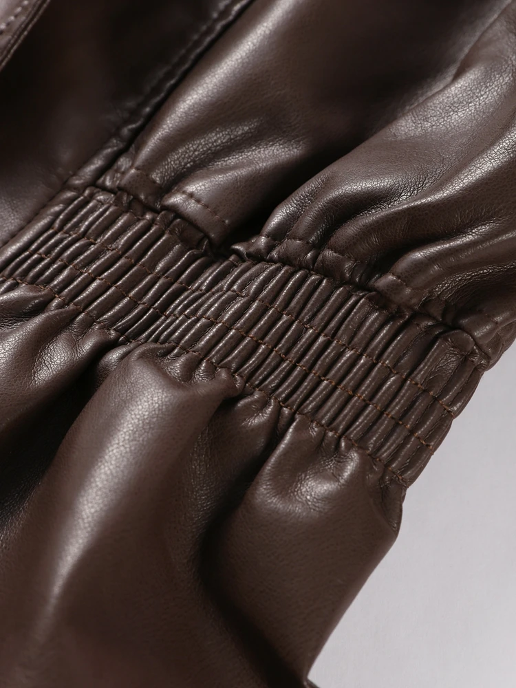 Chaqueta de cuero con cintura elástica para mujer, abrigo con cuello vuelto, chaqueta lisa para mujer, abrigo corto de calle de gran tamaño para otoño