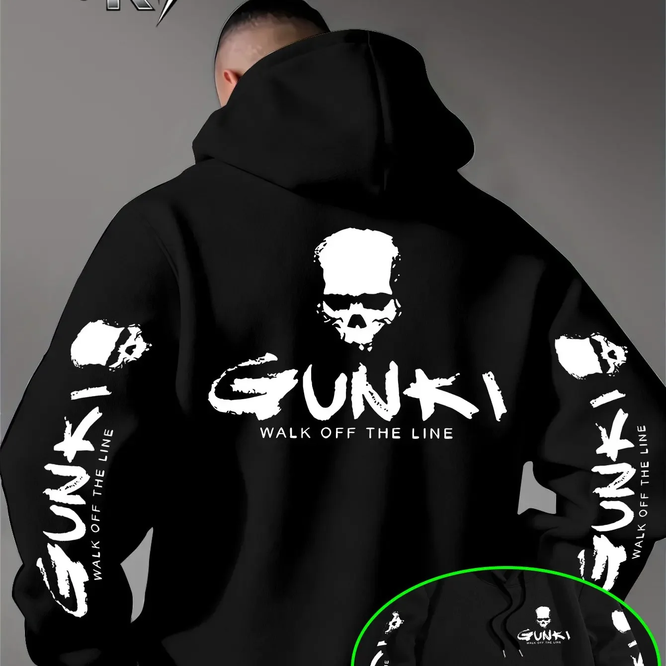 Men's Skull Hoodie Graffiti Walk Off The Line Graphic Back Sleeve Print Loose Pocket Pullover Sweatshirt Street Punk Streetwear