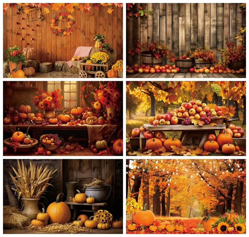 

Laeacco Autumn Harvest Festival Backdrop Rural Village Farm Wood Cart Hay Thanksgiving Party Portrait Photography Background