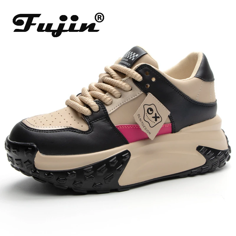 

Fujin 7cm Genuine Leather Chunky Sneakers Women Autumn Mixed Color Fashion Vulcanized Platform Wedge Spring Hidden Heels Shoes