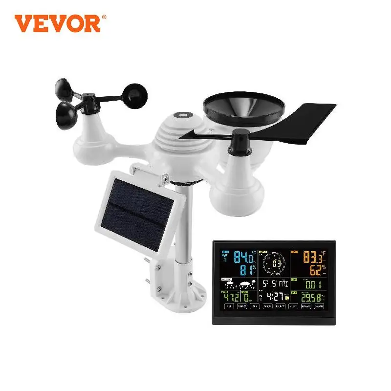 VEVOR 7-in-1 Wi-Fi Weather Station 7.5 in Color Display with Solar Wireless Outdoor Sensor Alarm Alerts for Temperature Humidity