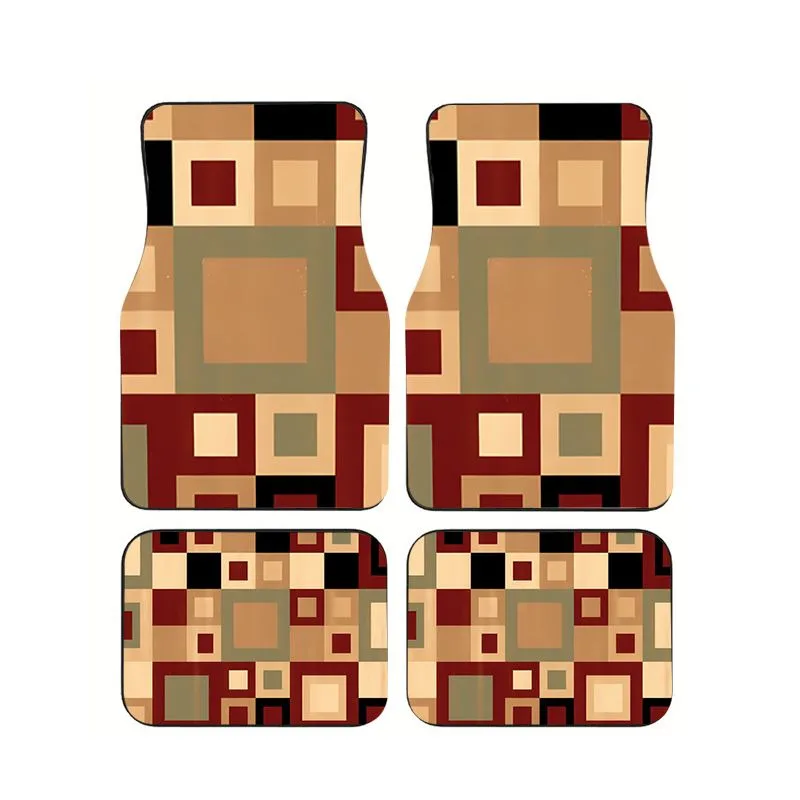 

4Pcs Retro Red Brown Square Print Car Floor Mats Universal Non-slip Waterproof Floor Mats for Car SUV Truck Interior Decor