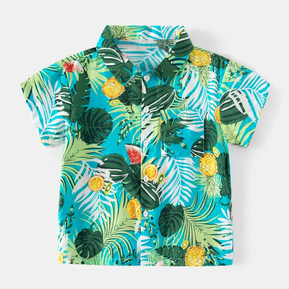 2024 New Boy Shirt Summer Beach Hawaiian Resort Style Children Floral Top  Short Sleeve Shirts Kids Lapel Shirt for Baby Wear