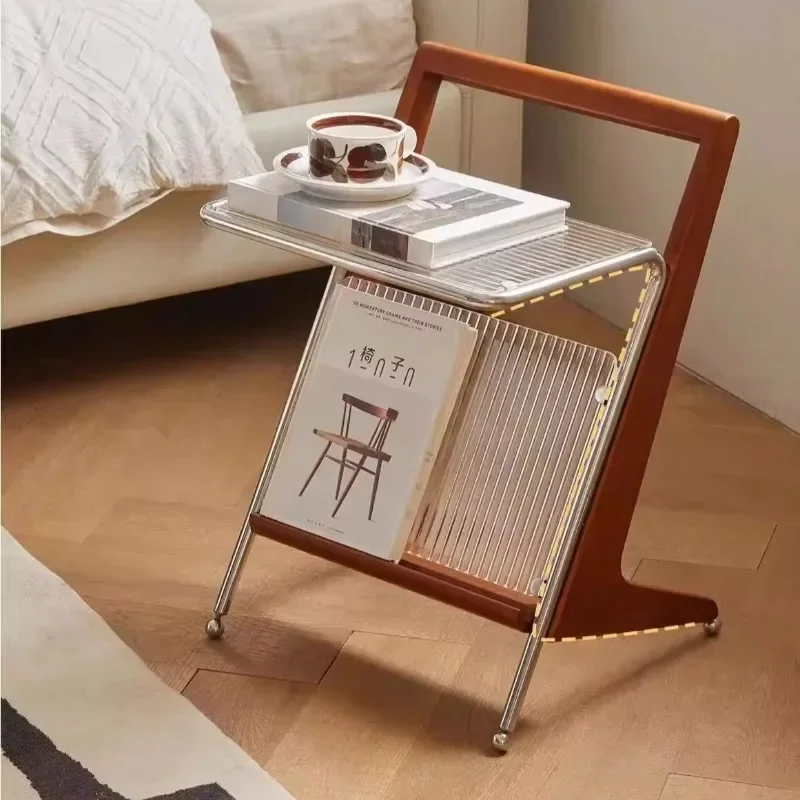 aModern Mobile Side Table with Lighting Wood Frame Metal Grid Shelf Multifunctional Rolling Accent Table for Living Room Bedroom