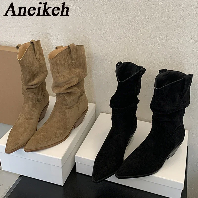 

Aneikeh/уличный стиль, женские ботильоны с острым носком, модная обувь на низком квадратном каблуке, осенне-зимняя обувь без шнуровки Chelsea Botas Para Mujer