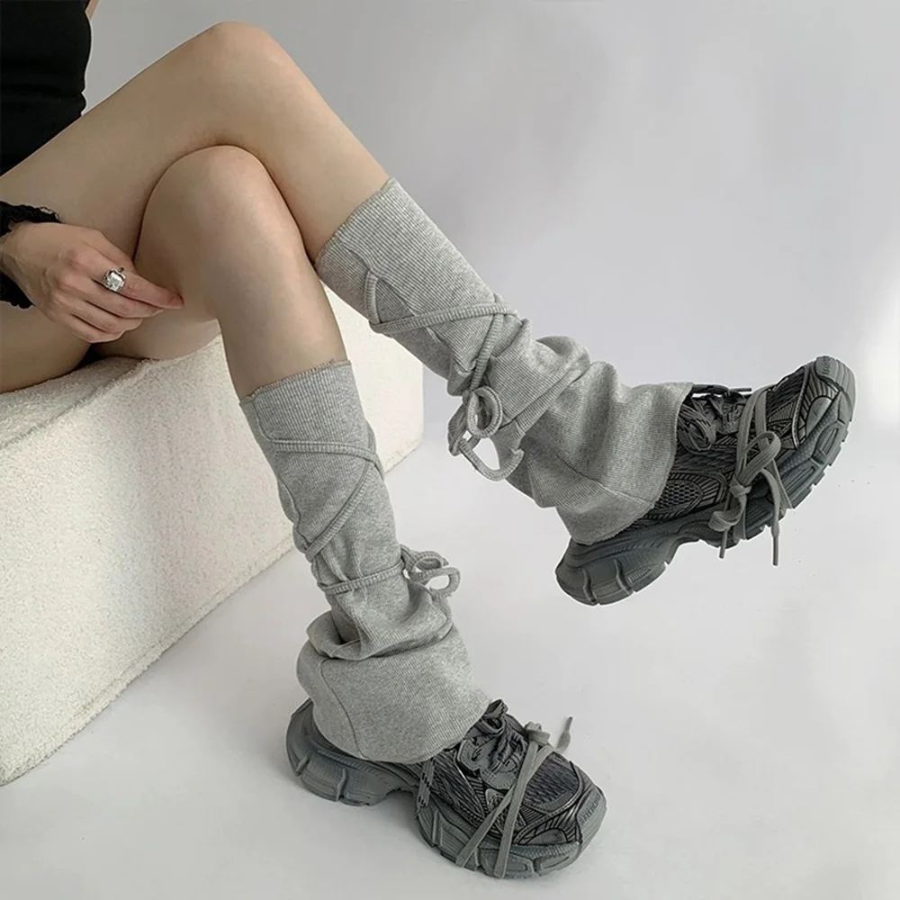 

Y2K Girls Elastic Strap Socks Sleeve Autumn Winter Knitted Ribbed Foot Leg Cover Women Solid Color Lace Up Leg Warmer Sleeves