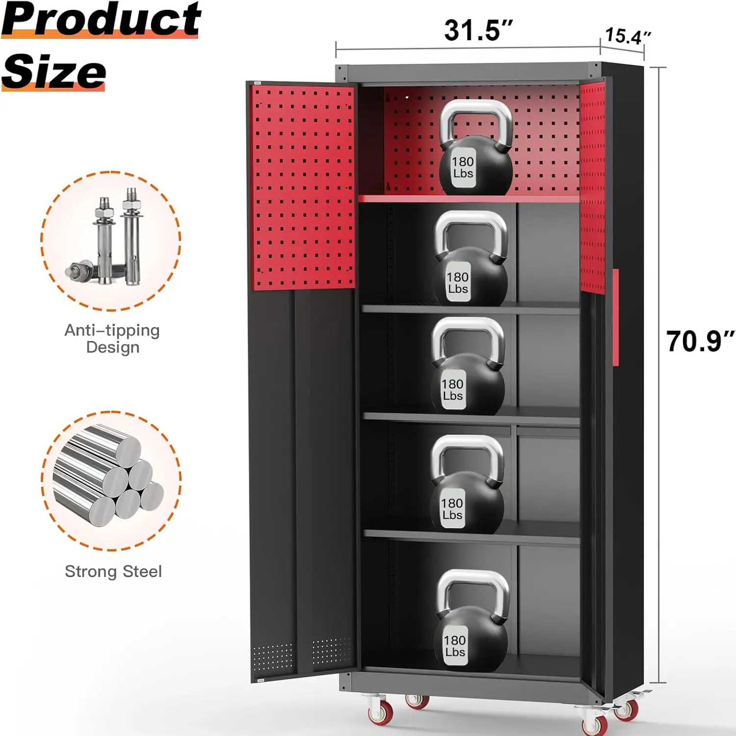 Metal Garage Storage Cabinet, Tall Garage Cabinets with 5 Adjustable Shelves, Steel Tool Storage Cabinet with Wheels image 3