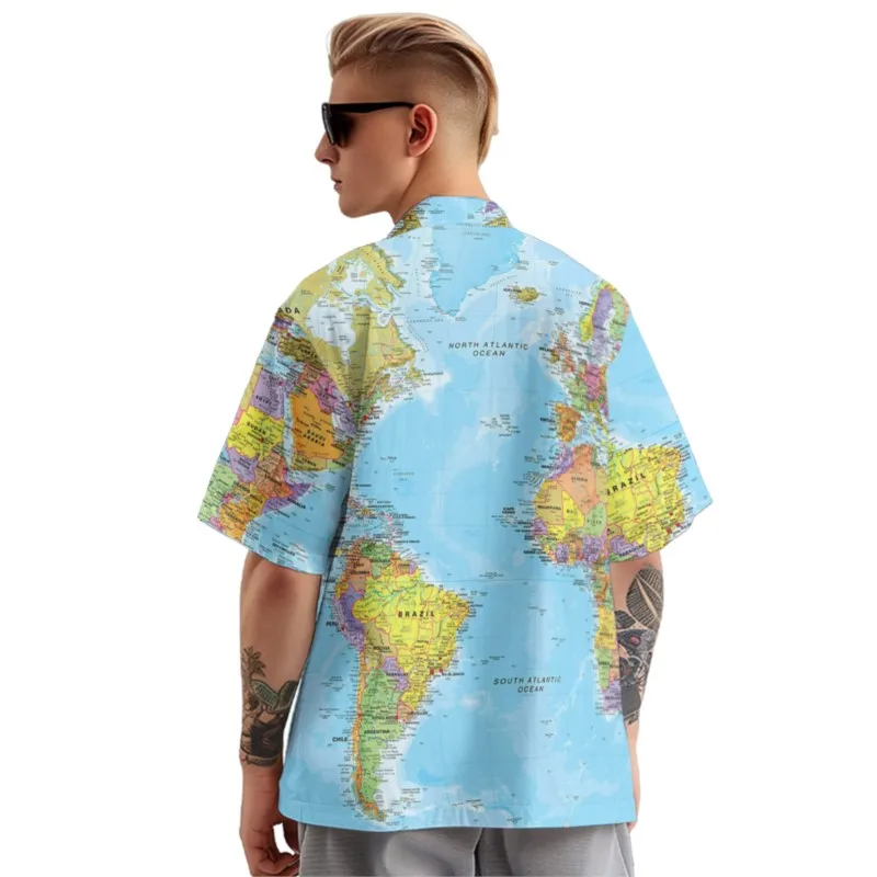 World Map Print Hawaiian Style Sky-blue Shirt Men's Chest Pocket Shirt Casual Short Sleeve Daily Smart Business Shirt For Men