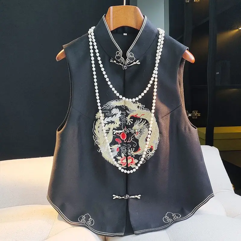 2023 black dragon embroidered chinese vinatge style vest women's spring new improved retro chinese button sleeveless vest top