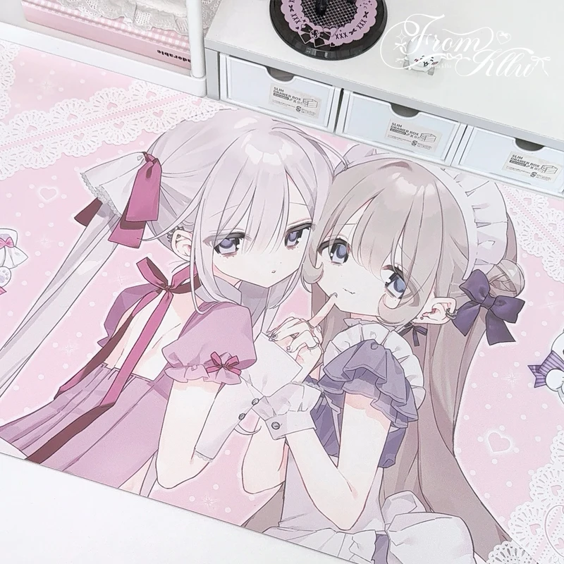 Original Cartoon Girl Kawaii Large PU Leather Mouse Pad Creative Anime Pink XXL Waterproof Non-Slip Desk Mat for Cute Girls Gift