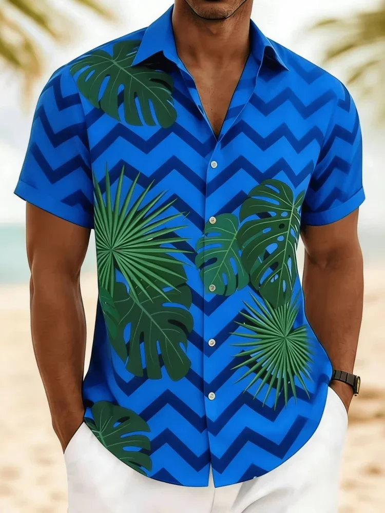 American Seaside Vacation Wave Pattern Paired with Tropical Broad-leaved Men's Summer Thin Beach Travel Casual Shirt