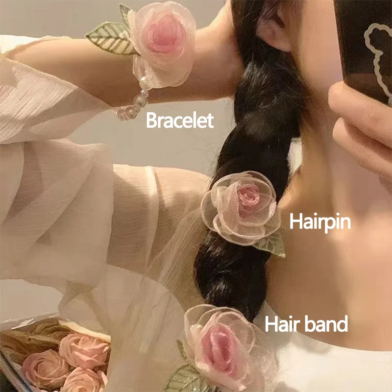 

3-piece set of dried roses large intestine hair rings hair accessories headpieces new organza flower hair tie rubber bands