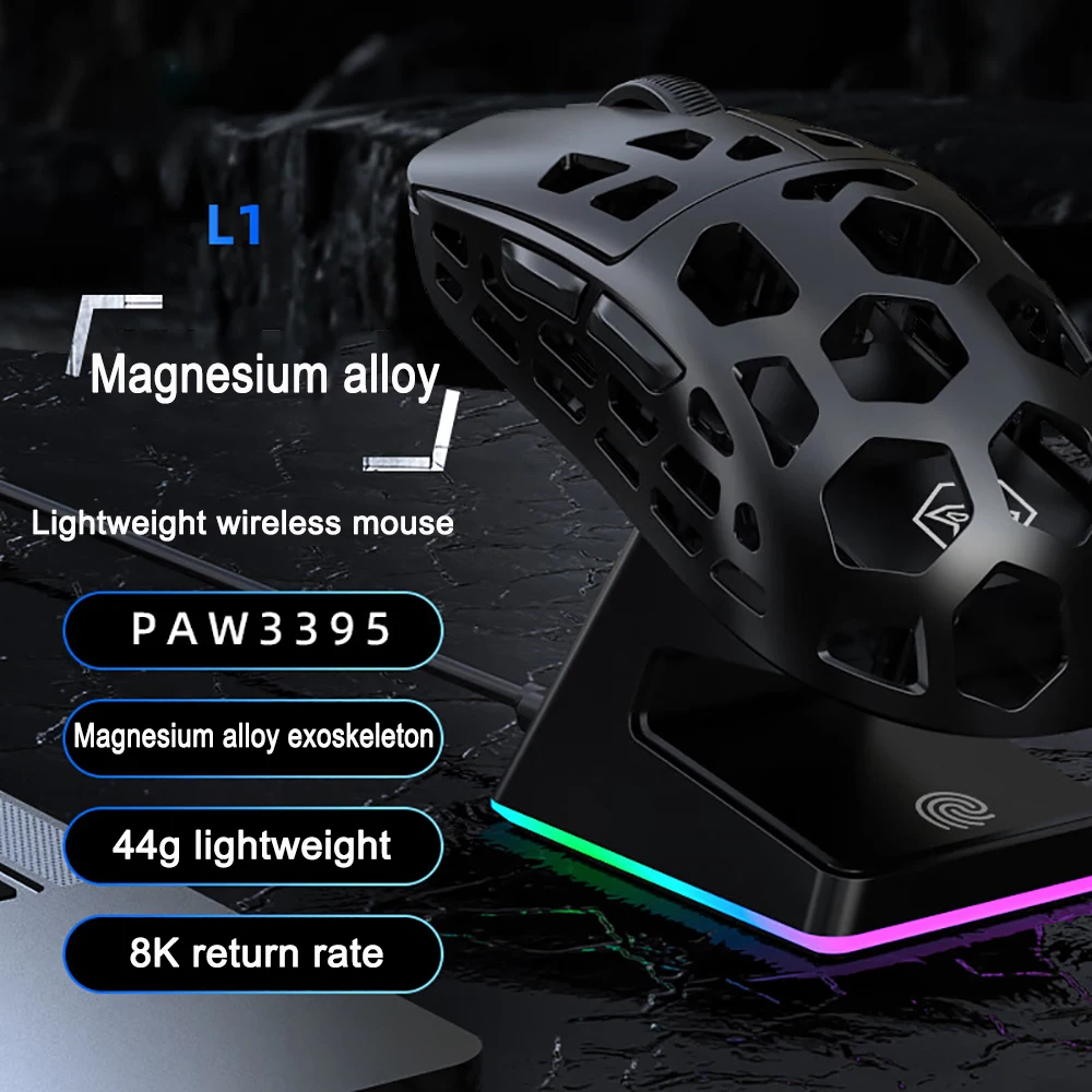 L1 Wireless Mouse With Wireless Base 8K Magnesium Alloy 3 Mode Hollow Out Gaming Mouse PAW3395 Sensor Lightweight Gamer Office