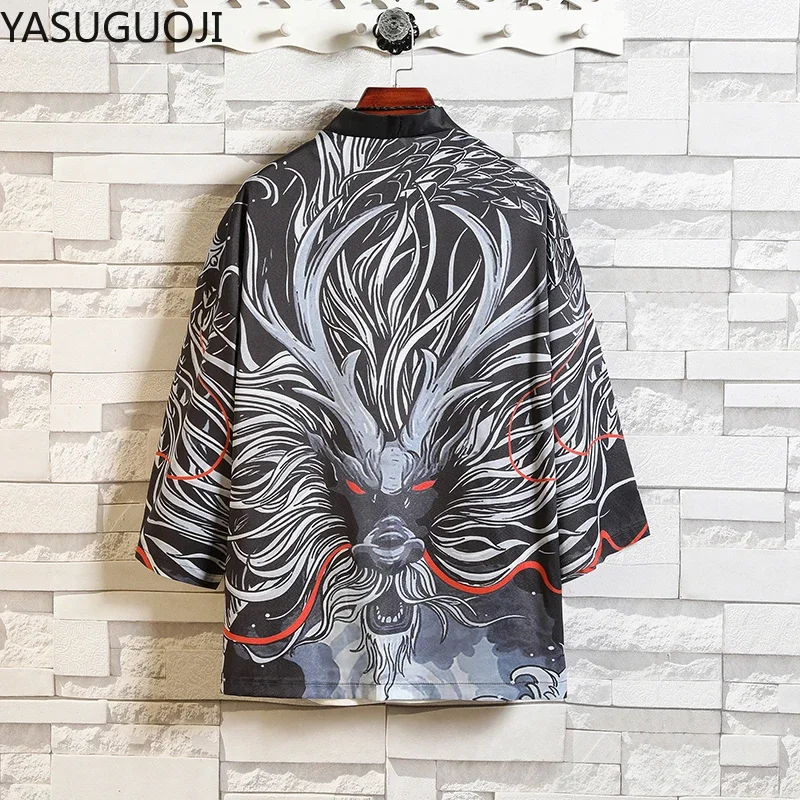 

YASUGUOJI Japanese Style Kimono Jackets 2022 Mens Loose Dragon Print Harajuku Streetwear Trench Coat Men Thin Gown Hipster