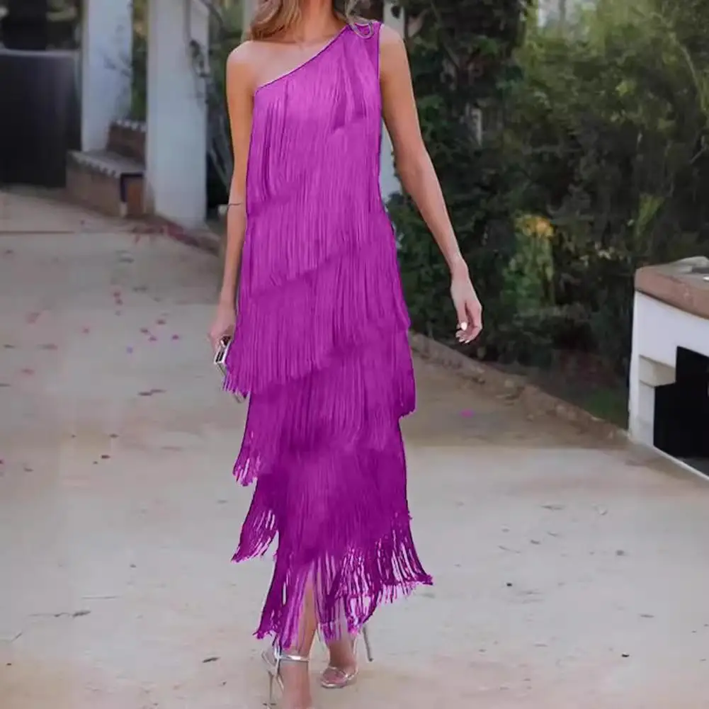 Women Tassel Dress Layered Fringed One Shoulder Solid Color Evening Dress Asymmetric Ankle Length Cocktail Party Prom Dress