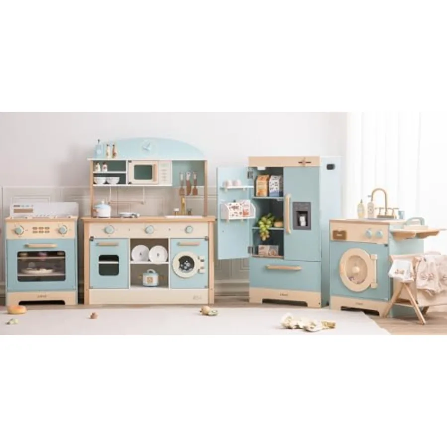 

Wooden Play Kitchen Set, Kids Toy Kitchen Set with Realistic Design, Utensils, Ice Maker, Fridge, Oven, Washer, Modern Style Pla