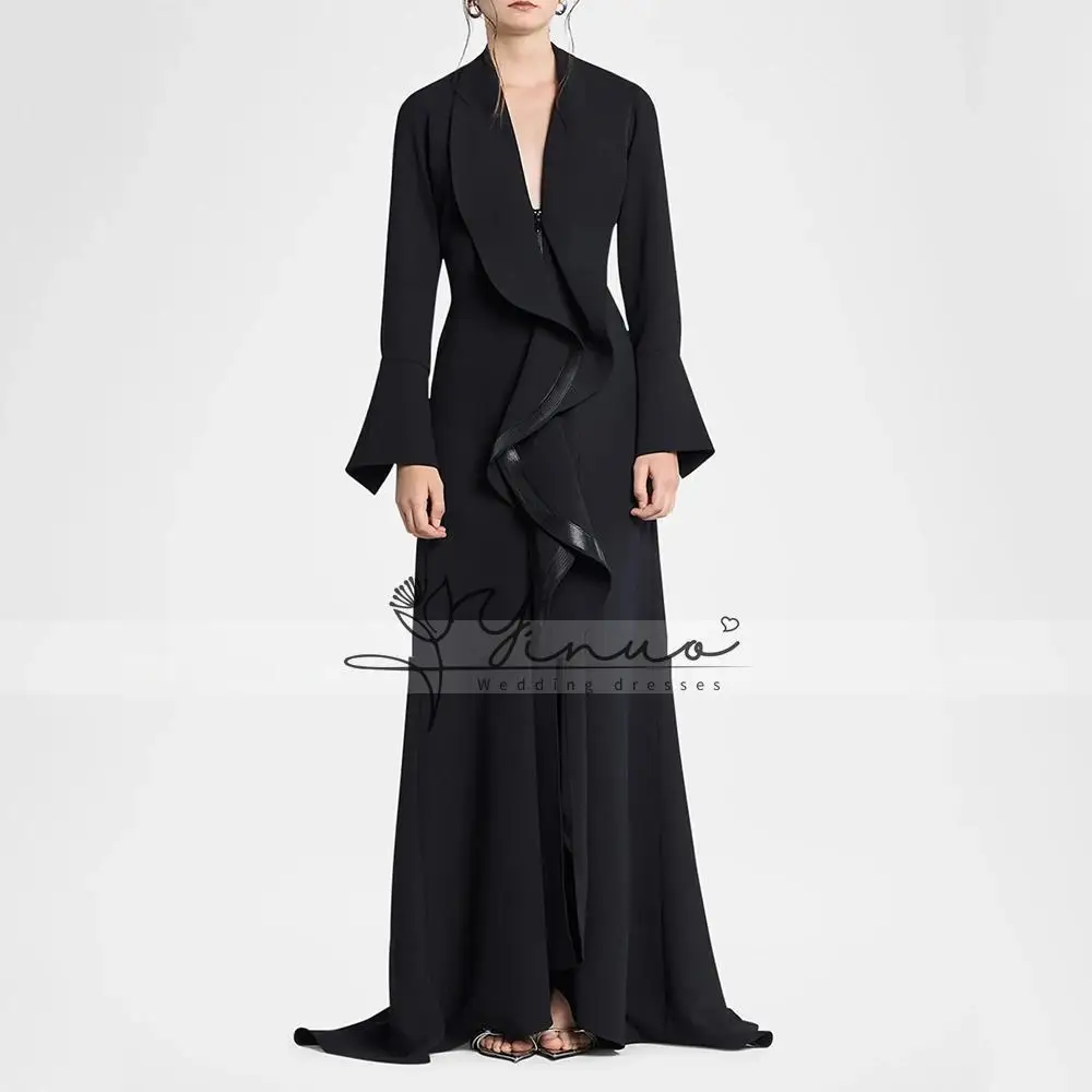 Customized  Evening Dress Long Sleeves Deep V Neck Ruffle 2025 Women's Evening Party Gowns Black Jersey Wedding Guest Dresses