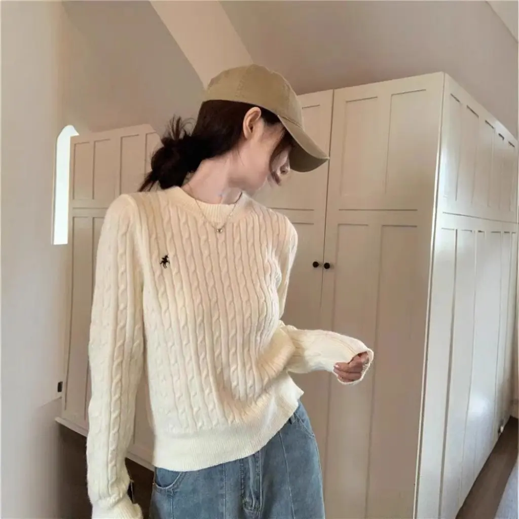 

Women's Twist Knitwear Grey Embroidered Sweater Early Autumn Loose Pullover Long Sleeve Top Fashion Sense Inner Wear