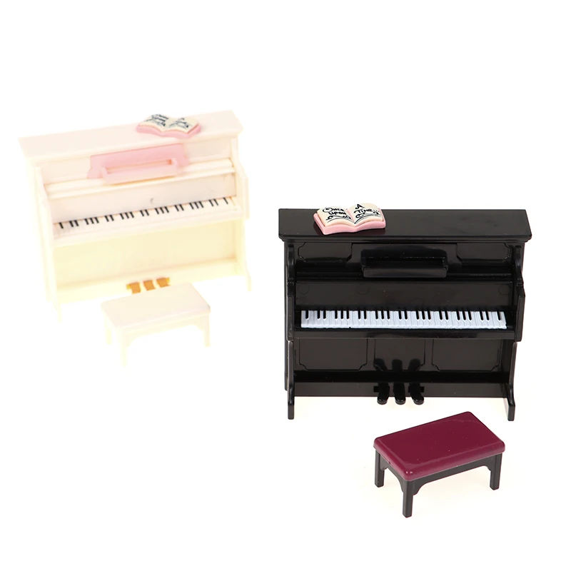 Vintage 1/12 Dollhouse Miniature Piano w Stool Musical Instrument Model Doll House Toys Accessories Decor Mini Retro Guitar Lute