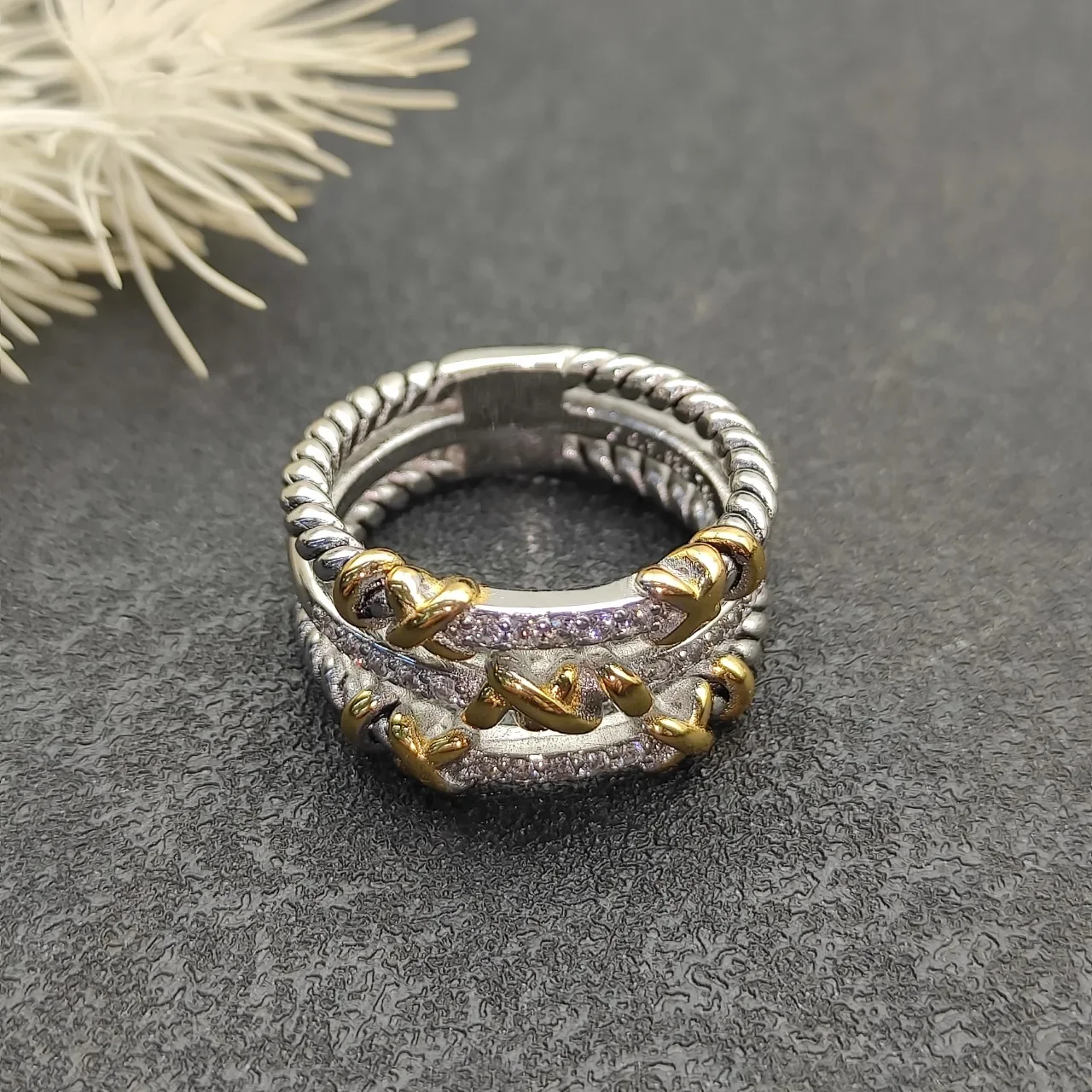 

S925 Sterling Silver New Three-Row Diamond Ring Neutral Classic Fashion Simple Personality Retro Trend Luxury Jewelry Party Gift